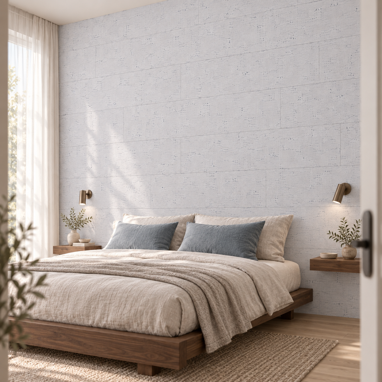 White Bamboo - 1/4" (6mm) - Cork Glue Down Tile (GWB6) White Bamboo glue-down cork tiles in a calm bedroom — wall application visualization