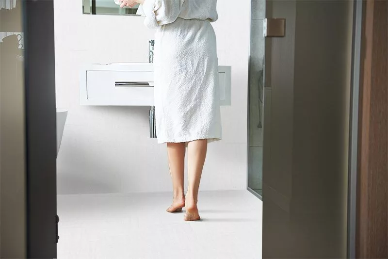 white bamboo cork tiles wall tiles in hotel bathroom barefoot comfortable stand on