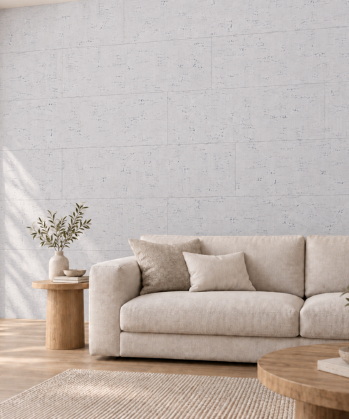 White Bamboo glue-down cork tiles on a living room accent wall — visualization