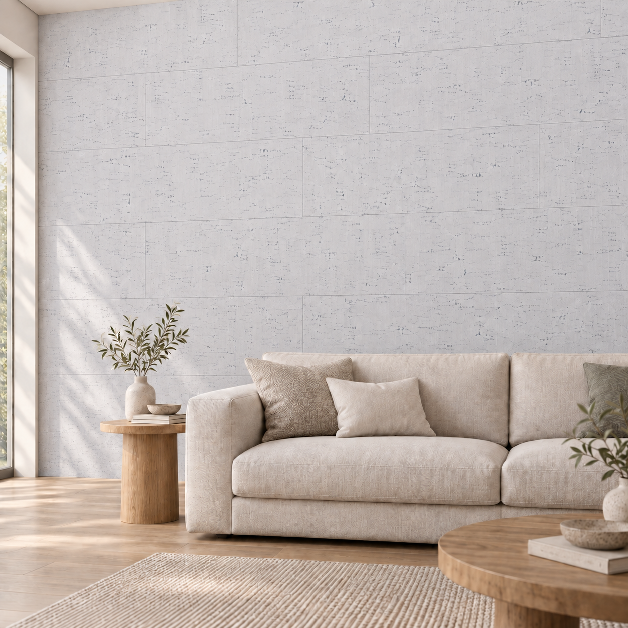 White Bamboo - 1/4" (6mm) - Cork Glue Down Tile (GWB6) White Bamboo glue-down cork tiles on a living room accent wall — visualization