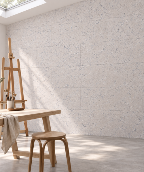 White Leather glue-down cork tiles in a artist's studio — wall application visualization