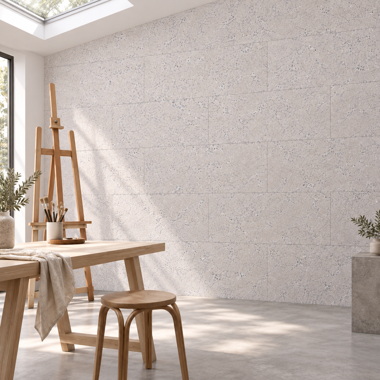 White Leather - 1/4" (6mm) - Cork Glue Down Tile (GWL6) White Leather glue-down cork tiles in a artist's studio — wall application visualization
