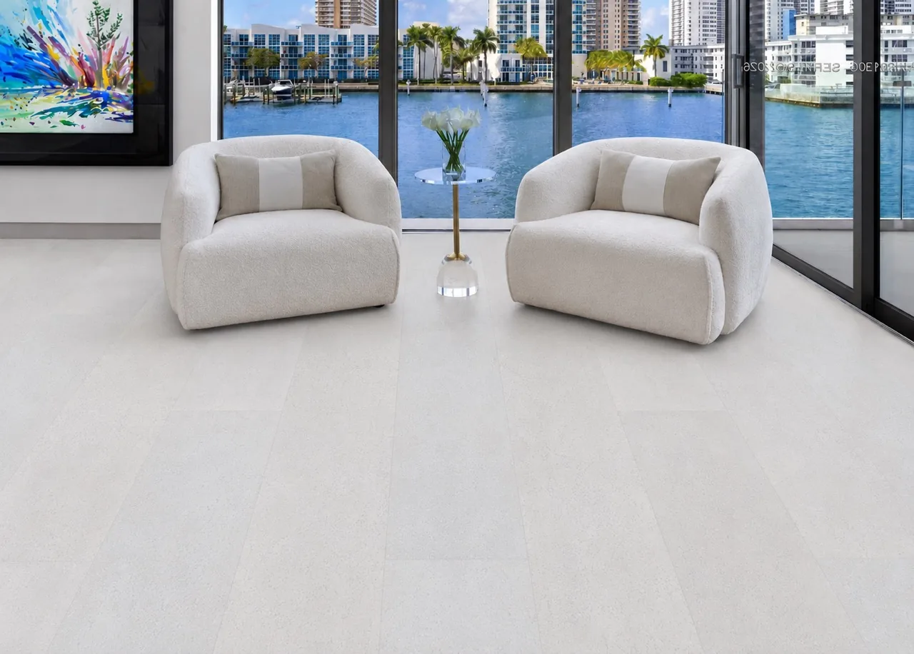 White Leather - 1/2" (12mm) - Cork Floating (FWL12) Bright contemporary living room showcasing White Leather cork flooring with a clean leather-inspired texture and elegant minimalist furnishings.