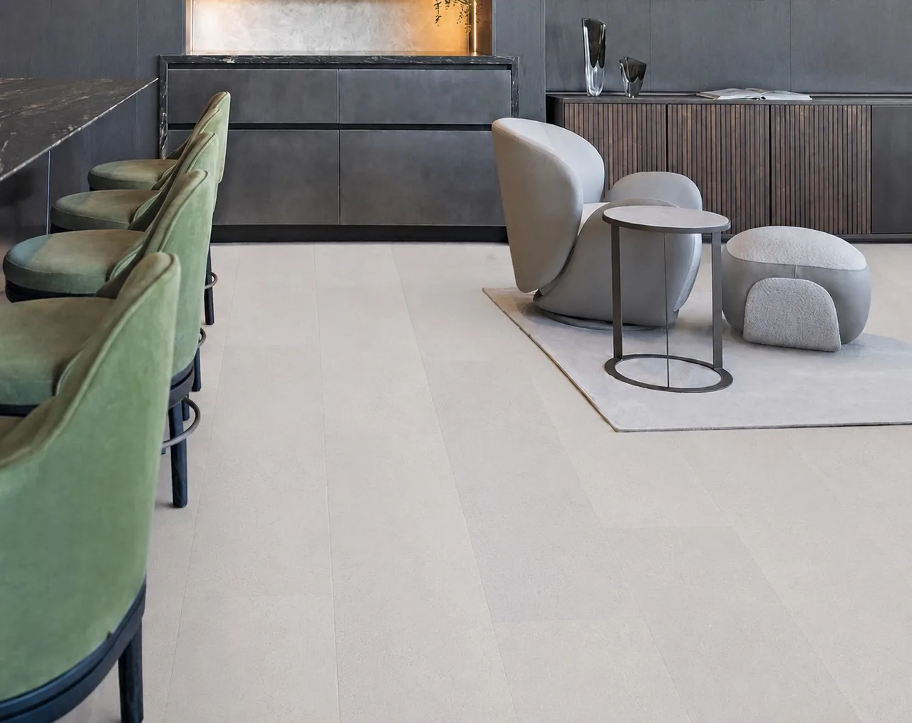 White Leather - 1/2" (12mm) - Cork Floating (FWL12) Contemporary hospitality lounge featuring White Leather cork flooring with a soft white leather-look finish, seamless planks, and modern cabinetry.