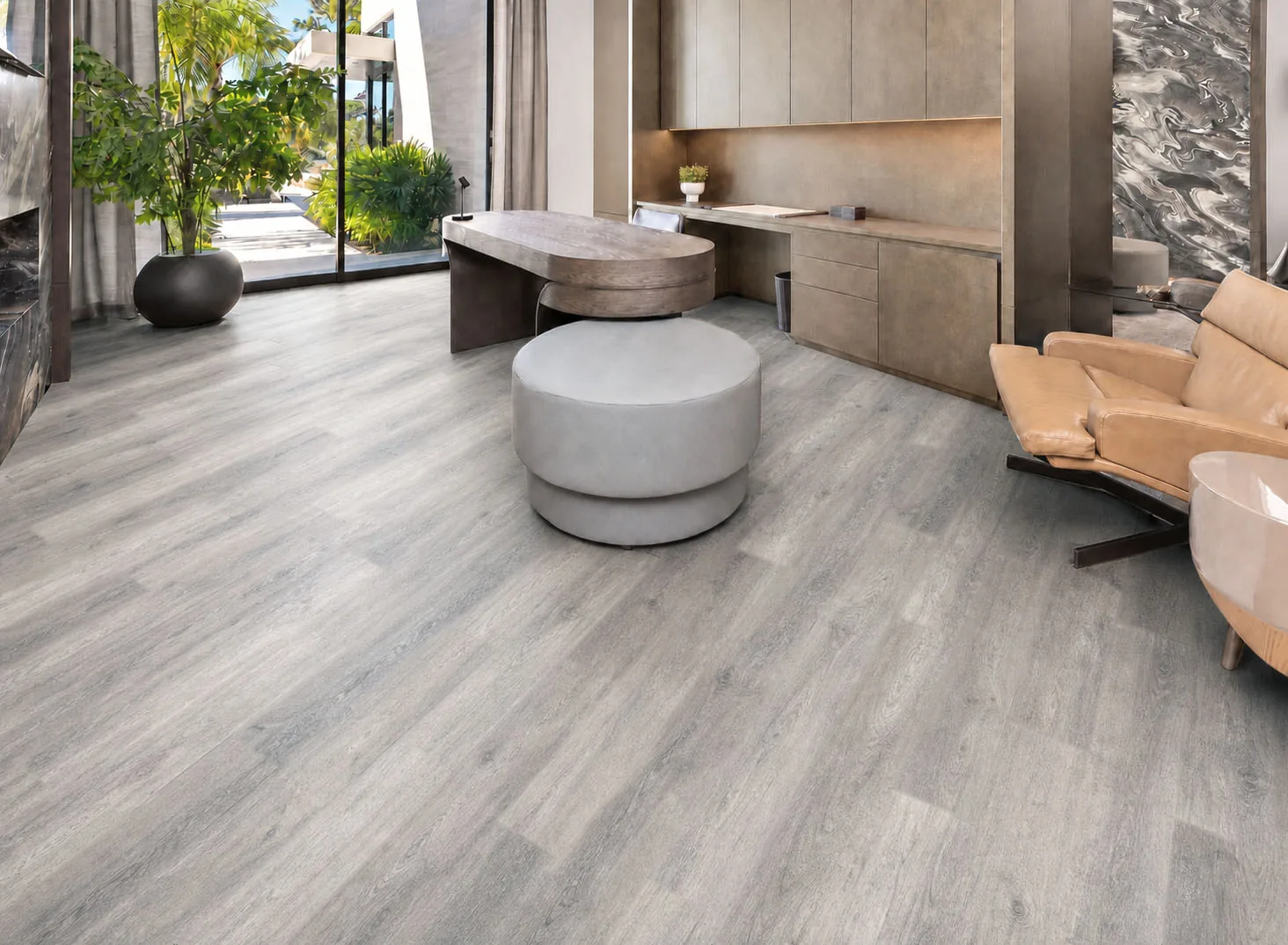 Wild Oak - 13/32" (10.5mm) - Design Cork Floating (FWO10.5) Bright luxury office with light-gray wood-look cork flooring and floor-to-ceiling windows.