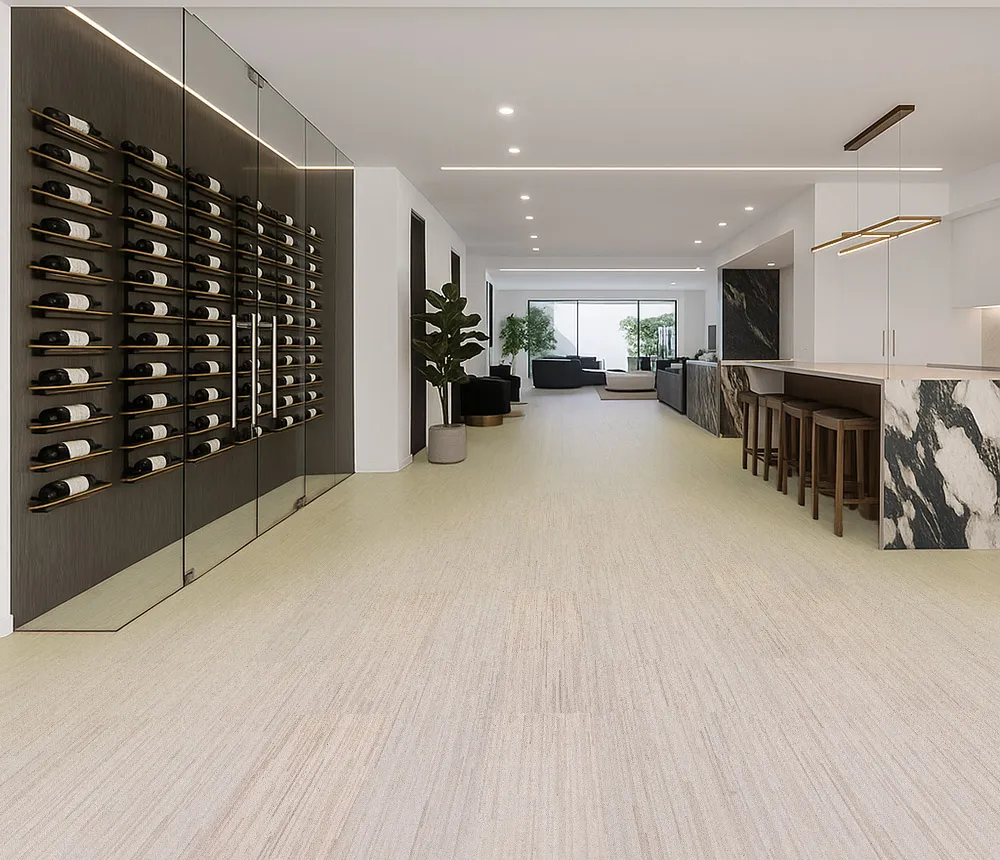 Vertical - 7/16" (11mm) - Swiss Real Cork Floating (FVtc11) Contemporary wine cellar with glass walls and Vertical Swiss cork flooring, offering a seamless transition to the open living area with elegant marble finishes.