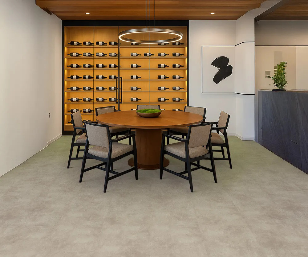 Copperstone Gray - 3/8" (9.5mm) - Swiss Real Linoleum Hydrowood Core Waterproof Floating Flooring (NCopG9.5) Modern bar area with Copperstone Gray waterproof linoleum basement flooring, perfect for entertaining.
