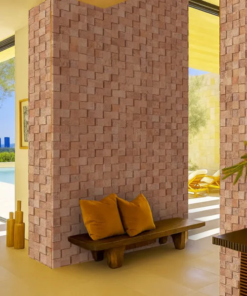Wood Cubes - 25/64" (10mm) - Cork Wall Tiles (WWoCu10) Entryway with columns covered in wood cubes cork wall tiles, adding sound softening, eco-friendly texture, and warm three-dimensional cork design.