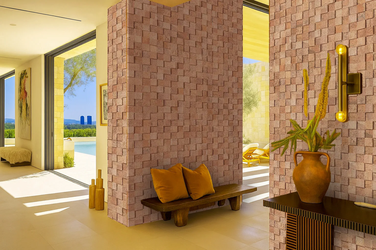 Entryway with columns covered in wood cubes cork wall tiles, adding sound softening, eco-friendly texture, and warm three-dimensional cork design.