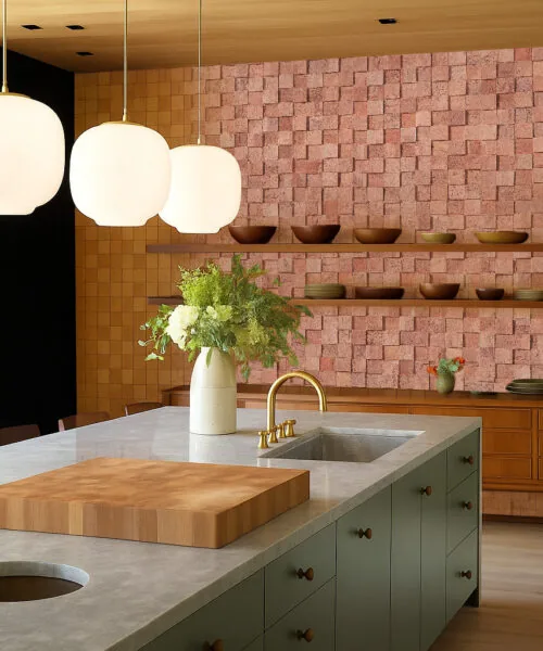 Wood Cubes - 25/64" (10mm) - Cork Wall Tiles (WWoCu10) Kitchen interior featuring a wood cubes cork accent wall, showcasing natural sound-dampening qualities and the geometric pattern of 3D cork wall tiles.