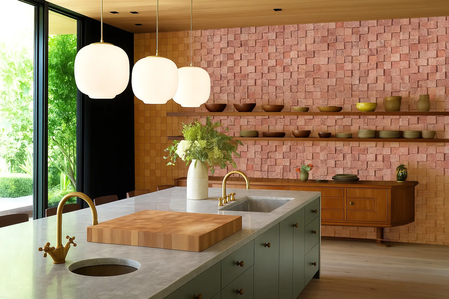 Kitchen interior featuring a wood cubes cork accent wall, showcasing natural sound-dampening qualities and the geometric pattern of 3D cork wall tiles.