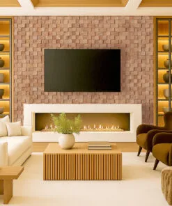 Wood Cubes - 25/64" (10mm) - Cork Wall Tiles (WWoCu10) 3D Wood Curb cork wall tiles installed behind a modern fireplace and TV, providing natural sound absorption and warm textured design for a luxury living room.
