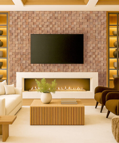 3D Wood Curb cork wall tiles installed behind a modern fireplace and TV, providing natural sound absorption and warm textured design for a luxury living room.
