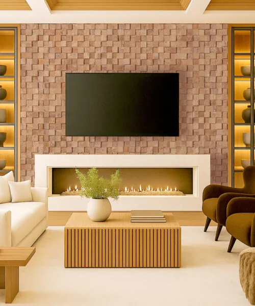 Wood Cubes - 25/64" (10mm) - Cork Wall Tiles (WWoCu10) 3D Wood Curb cork wall tiles installed behind a modern fireplace and TV, providing natural sound absorption and warm textured design for a luxury living room.