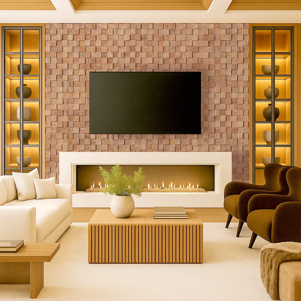3D Wood Curb cork wall tiles installed behind a modern fireplace and TV, providing natural sound absorption and warm textured design for a luxury living room.