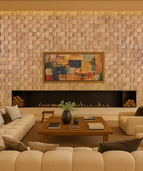 Wood Cubes - 25/64" (10mm) - Cork Wall Tiles (WWoCu10) Expansive lounge featuring a full wall of wood cubes cork tiles, delivering acoustic enhancement, noise control, and rich stacked-cork texture behind contemporary artwork.