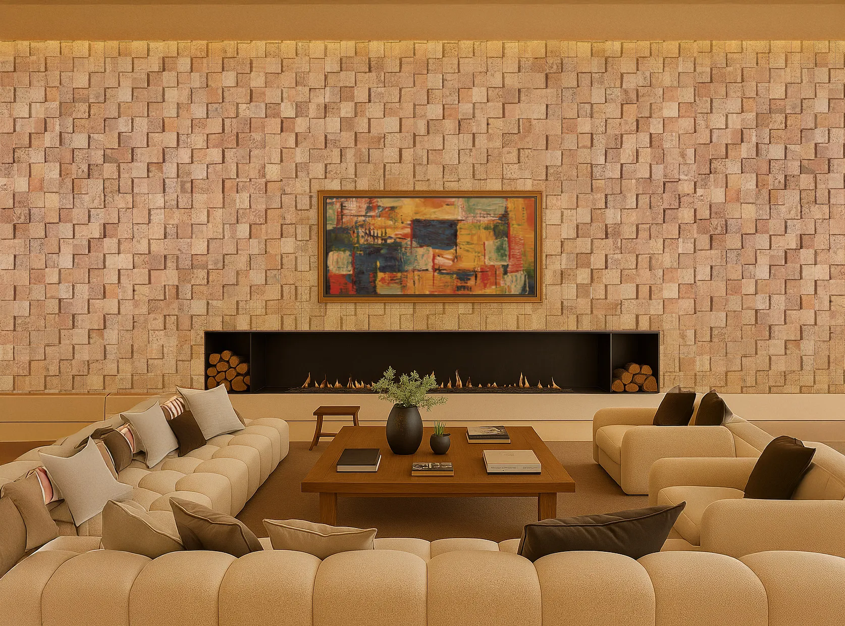 Expansive lounge featuring a full wall of wood cubes cork tiles, delivering acoustic enhancement, noise control, and rich stacked-cork texture behind contemporary artwork.