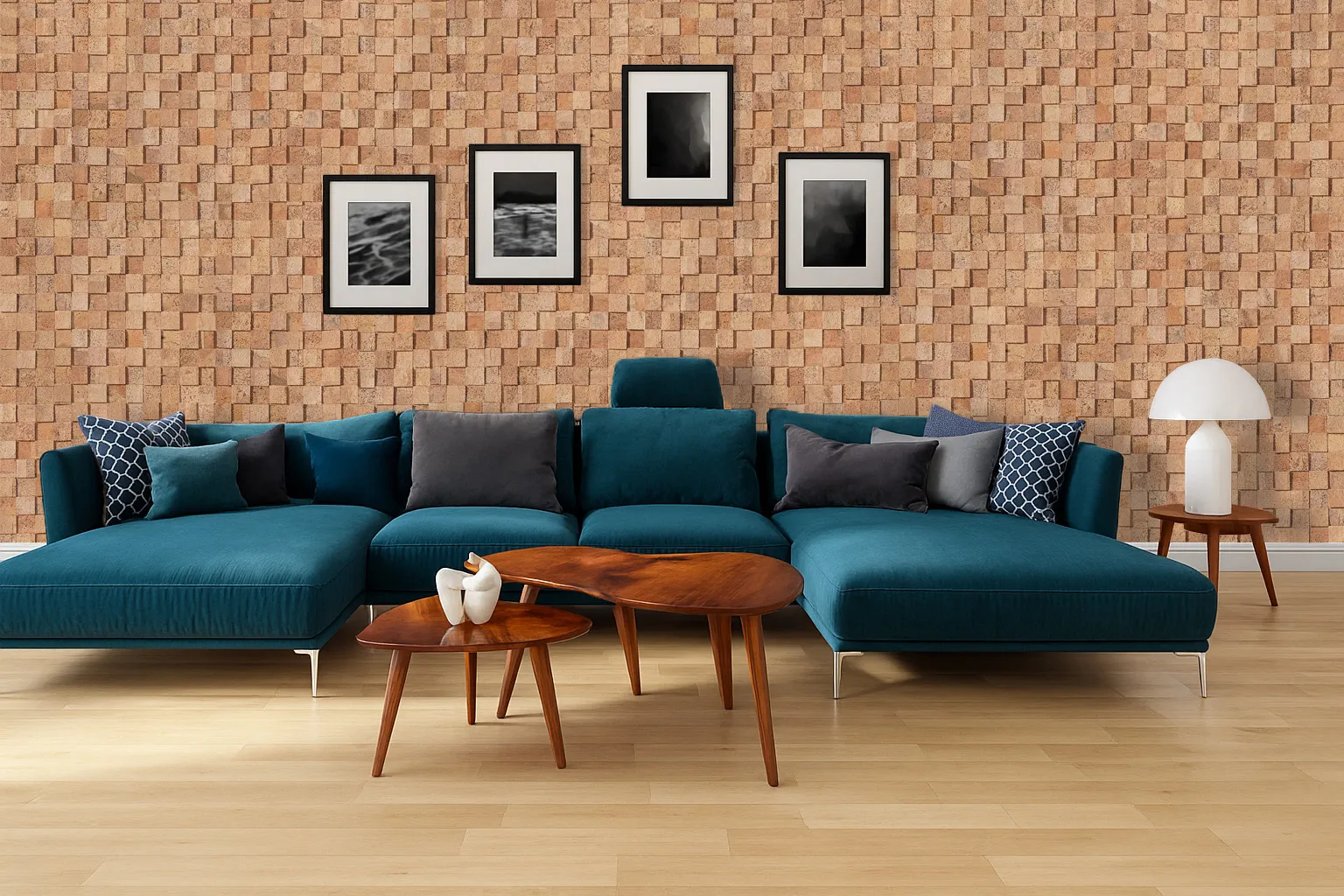 Modern living room with wood cubes cork wall tiles creating 3D texture, noise-reducing performance, and natural cork warmth behind a teal sofa.