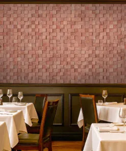 Wood Cubes - 25/64" (10mm) - Cork Wall Tiles (WWoCu10) Restaurant dining room using wood cubes cork wall tiles for noise reduction, offering stylish acoustic treatment with natural cork texture