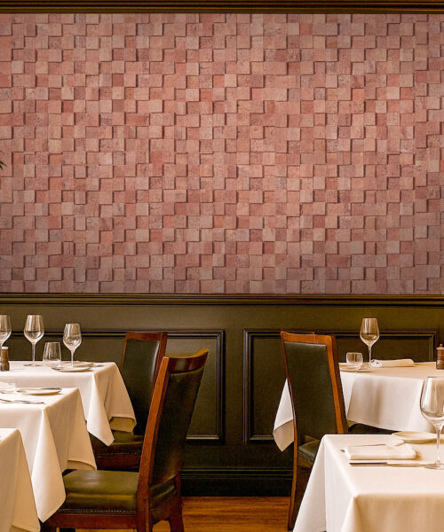 Restaurant dining room using wood cubes cork wall tiles for noise reduction, offering stylish acoustic treatment with natural cork texture