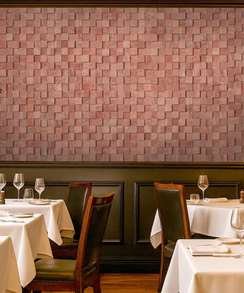 Wood Cubes - 25/64" (10mm) - Cork Wall Tiles (WWoCu10) Restaurant dining room using wood cubes cork wall tiles for noise reduction, offering stylish acoustic treatment with natural cork texture