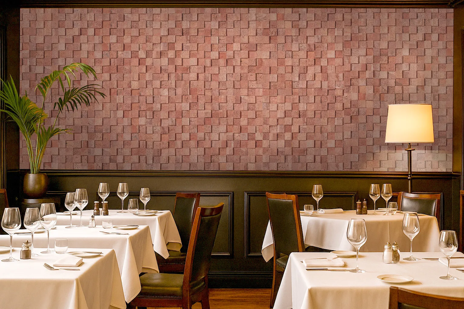 Restaurant dining room using wood cubes cork wall tiles for noise reduction, offering stylish acoustic treatment with natural cork texture