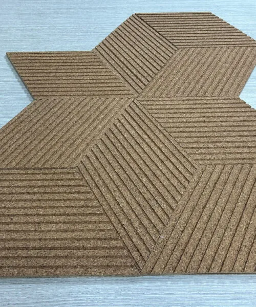 Wood Rigato - 7/16” (11mm) 3D Cork Wall Panels (WWR11) Wood Rigato - 7/16” (11mm) 3D Cork Wall Panels (WWR11) - 3D Cork Wall and Ceiling Panels with MDF flooring detail view
