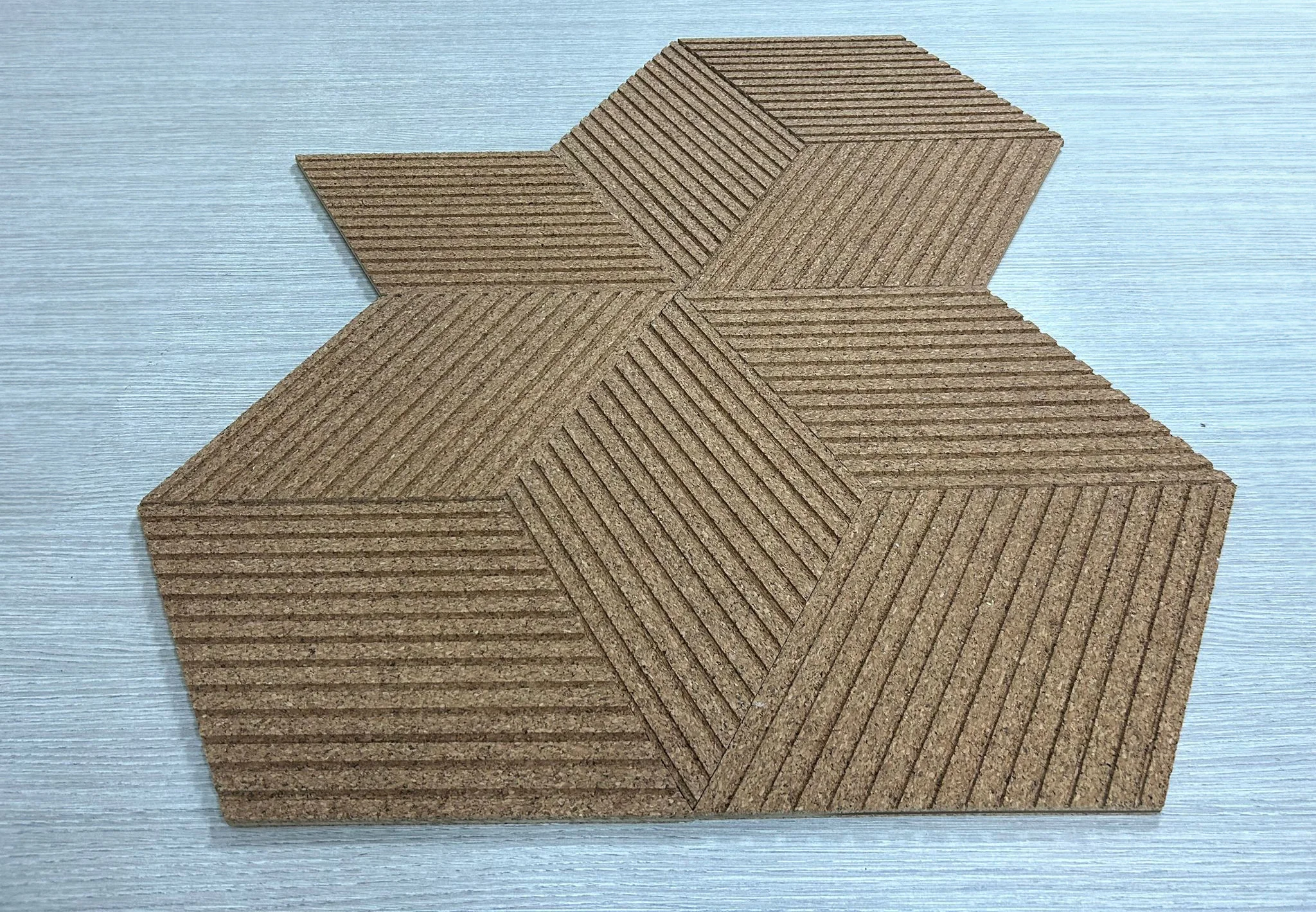 Wood Rigato - 7/16” (11mm) 3D Cork Wall Panels (WWR11) Wood Rigato - 7/16” (11mm) 3D Cork Wall Panels (WWR11) - 3D Cork Wall and Ceiling Panels with MDF flooring detail view