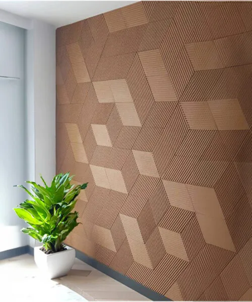Wood Rigato - 7/16” (11mm) 3D Cork Wall Panels (WWR11) Wood Rigato - 7/16” (11mm) 3D Cork Wall Panels (WWR11) - 3D Cork Wall and Ceiling Panels with MDF flooring detail view
