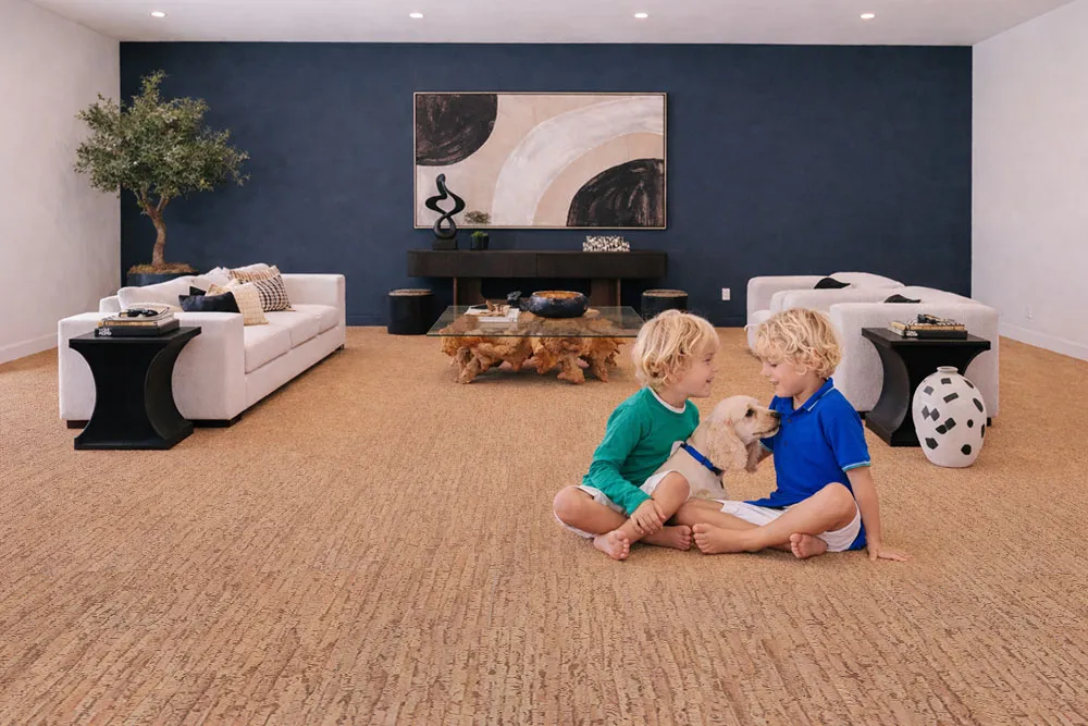 Woodflow - 1/2" (12mm) - Cork Floating (FWof12) Pet-friendly living room with Woodflow cork flooring